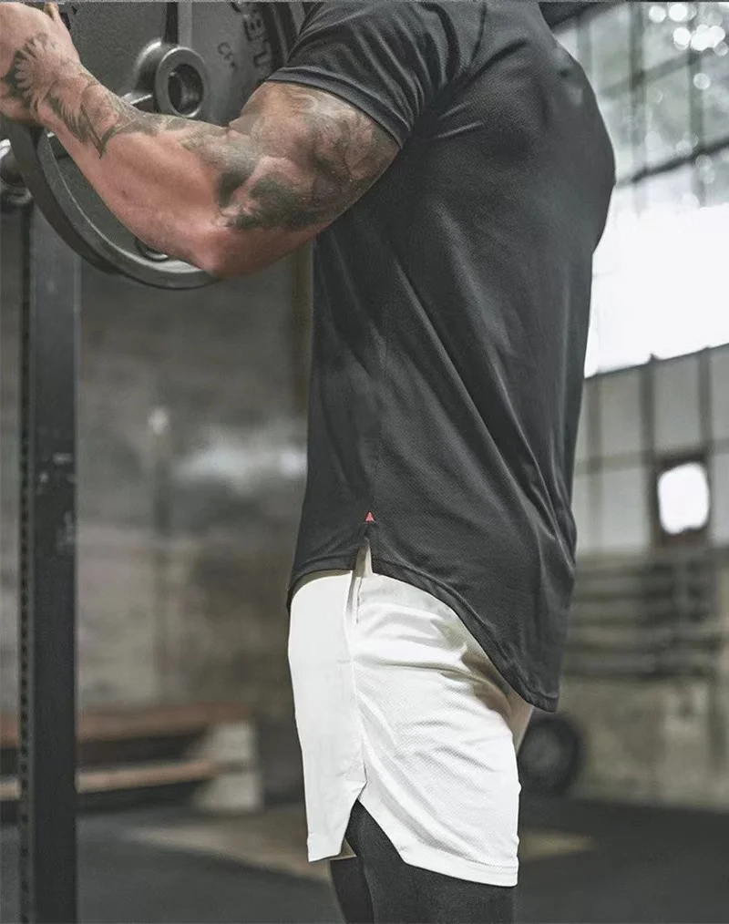 새로운 남성용 프린트 블랙 반바지, 이중 레이어 루즈 스포츠 및 레저 피트니스 반바지