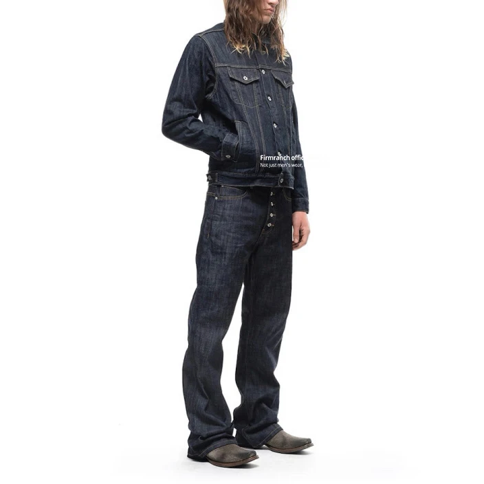 Firmranch Novo Jeans Americano Retrô Original Azul/Preto de Perna Reta para Homens e Mulheres, Calça Baggy com Botões, Estilo High Street