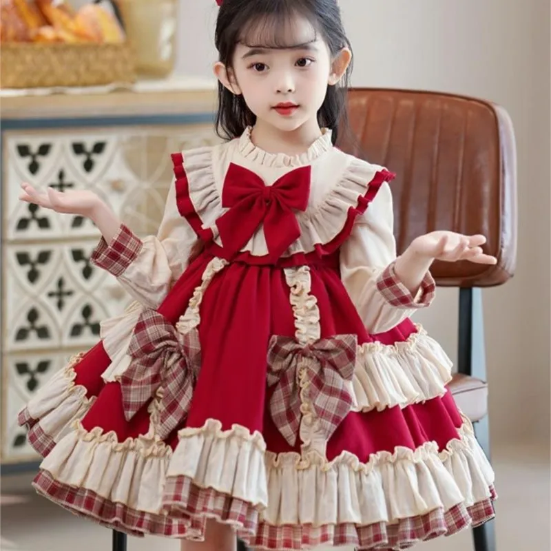 

Новинка 2023, платье принцессы в стиле "Лолита" для девочек, детское платье с принтом, весенне-Осенняя детская юбка из хлопка и льна с длинным рукавом LE552