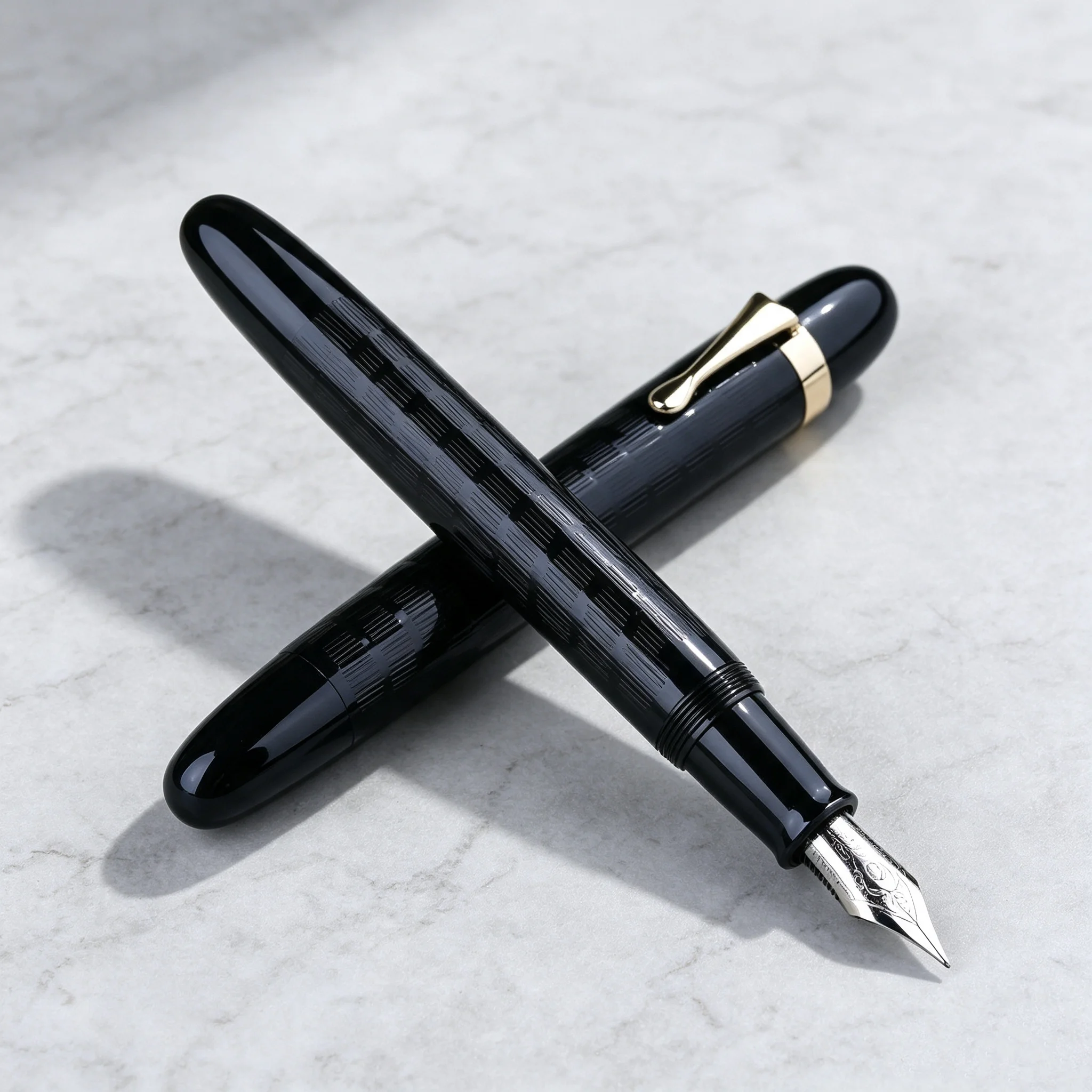 MAJOHN C4 Fountain Pen Guilloché Craft Black Striped Pen Anti‑Leak Large‑Capacity Barrel Ink Storage for Business Writing