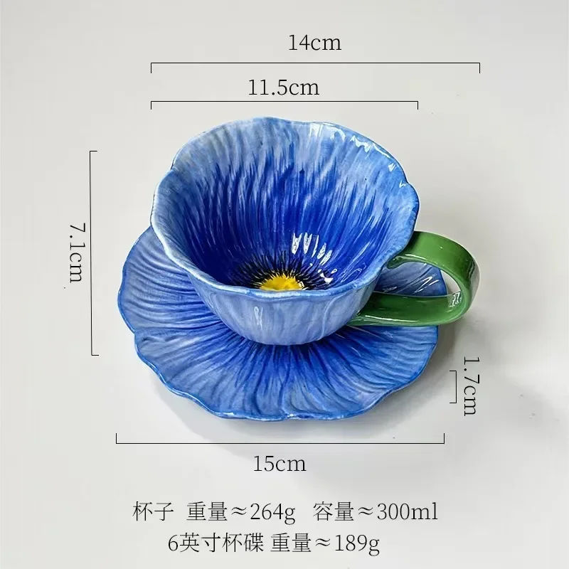 Aesthetic Ceramic Cup and Saucer Set, Hand-Painted Gradient Poppy Design, for Home Office Latte Art, Coffee Cup Set,Elegant Gift
