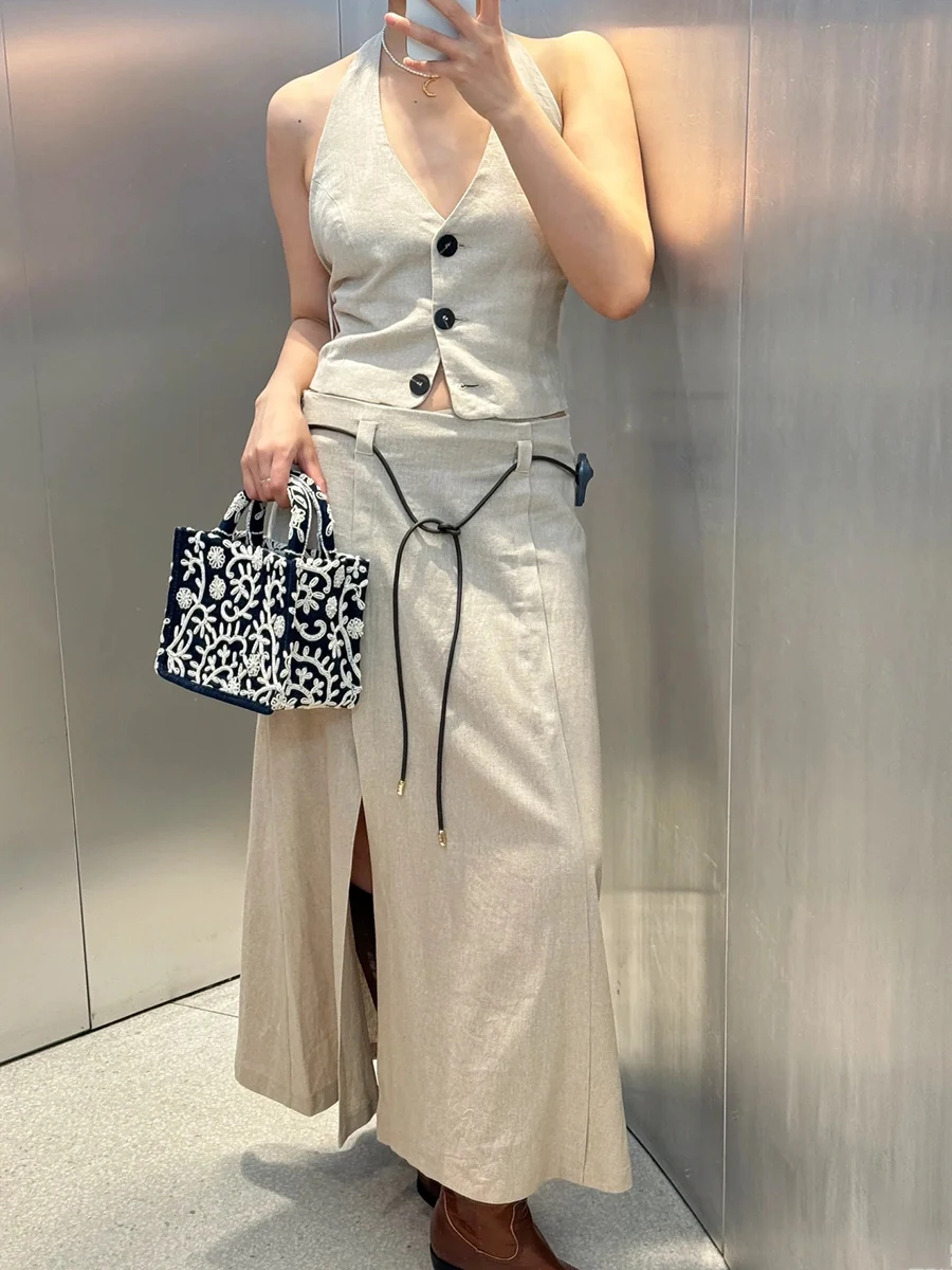 

Summer New Solid Vest 2 Piece Set Women V Neck Single Breasted Sleeve Halter Top Simple Casual Fashion A-line Long Skirts Sets