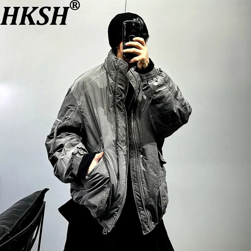 HKSH Winter Japanese Retro Dirty Wash Stand Collar Loose 90% White Duck Down Jacket Oversized Thickened Warm Padded Coat HK17074