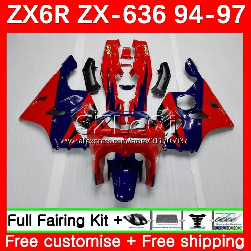 Body Kit For KAWASAKI NINJA ZX-6R ZX 6R Red blue 636 ZX6R 94 95 96 97 98No.6 600CC ZX-636 ZX636 1994 1995 1996 1997 Fairing