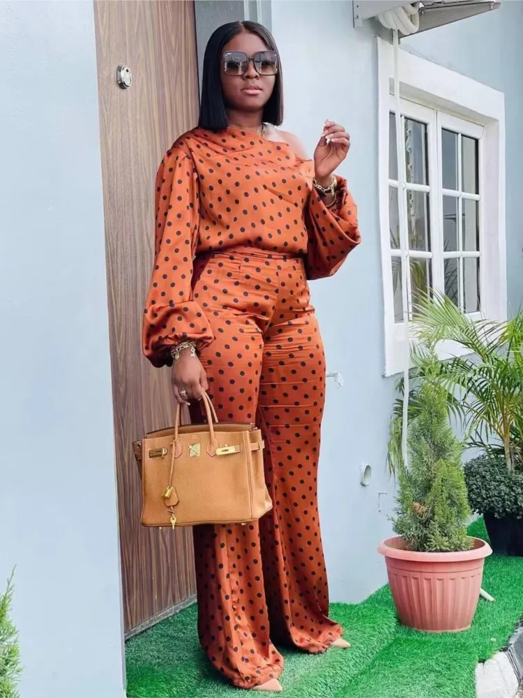 

Autumn Women's Polka Dot Printed Long-sleeved Trousers Casual Off-shoulder Suit Fashion New Loose Straight Floor Pants Females