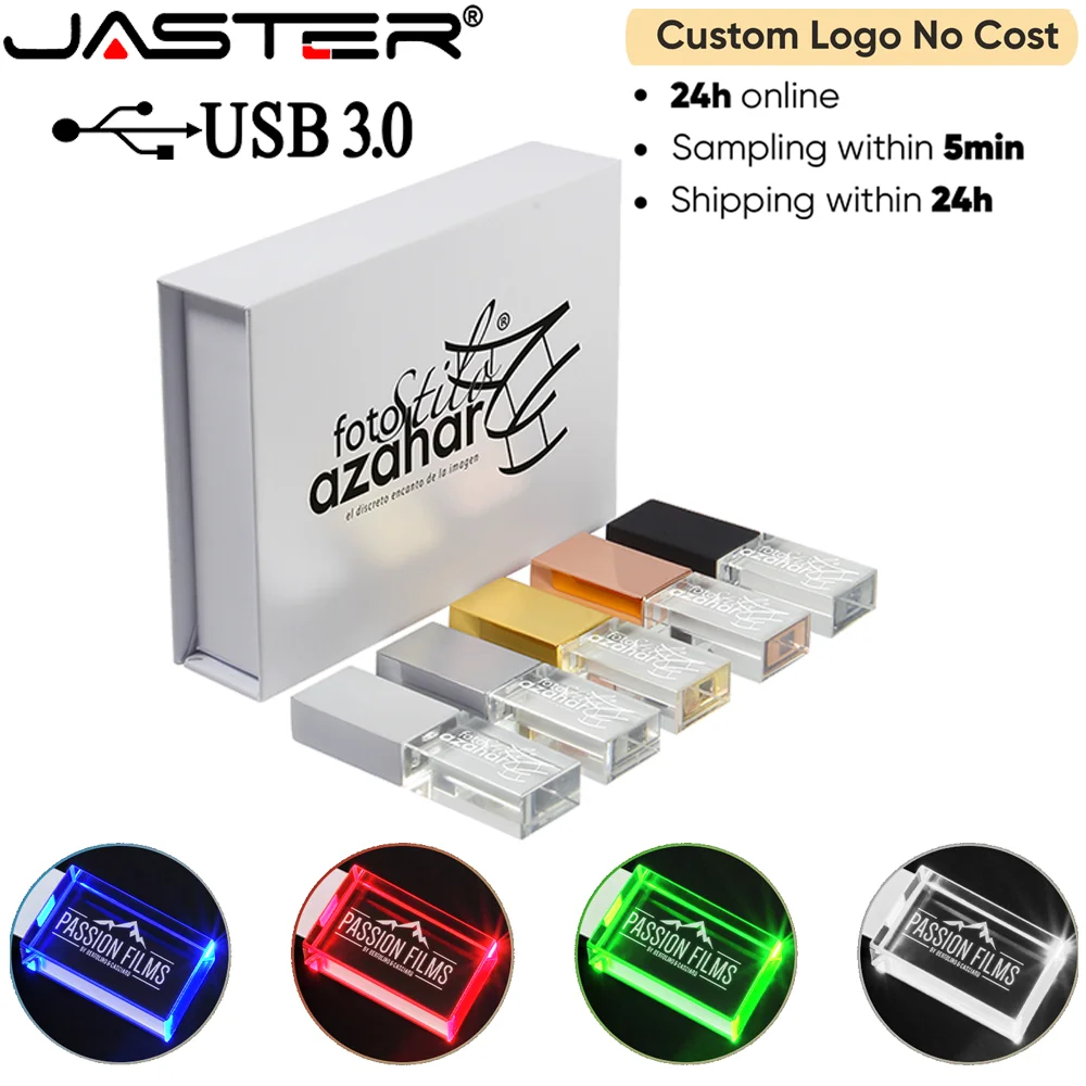 JASTER USB 3.0 Flash Drives Crystal 128GB LED Light Pen Drive with Box 64GB 32GB Memory Stick  Free Custom Logo Wedding U Disk