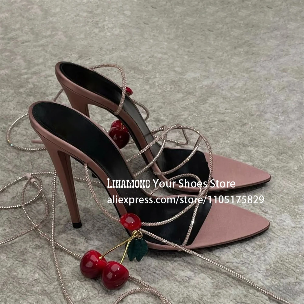Cute Cherry Embellished Strappy Sandals Designer Style Rhinestone Lace up High Heels Sexy Pointed Stilettos Customized Sandals