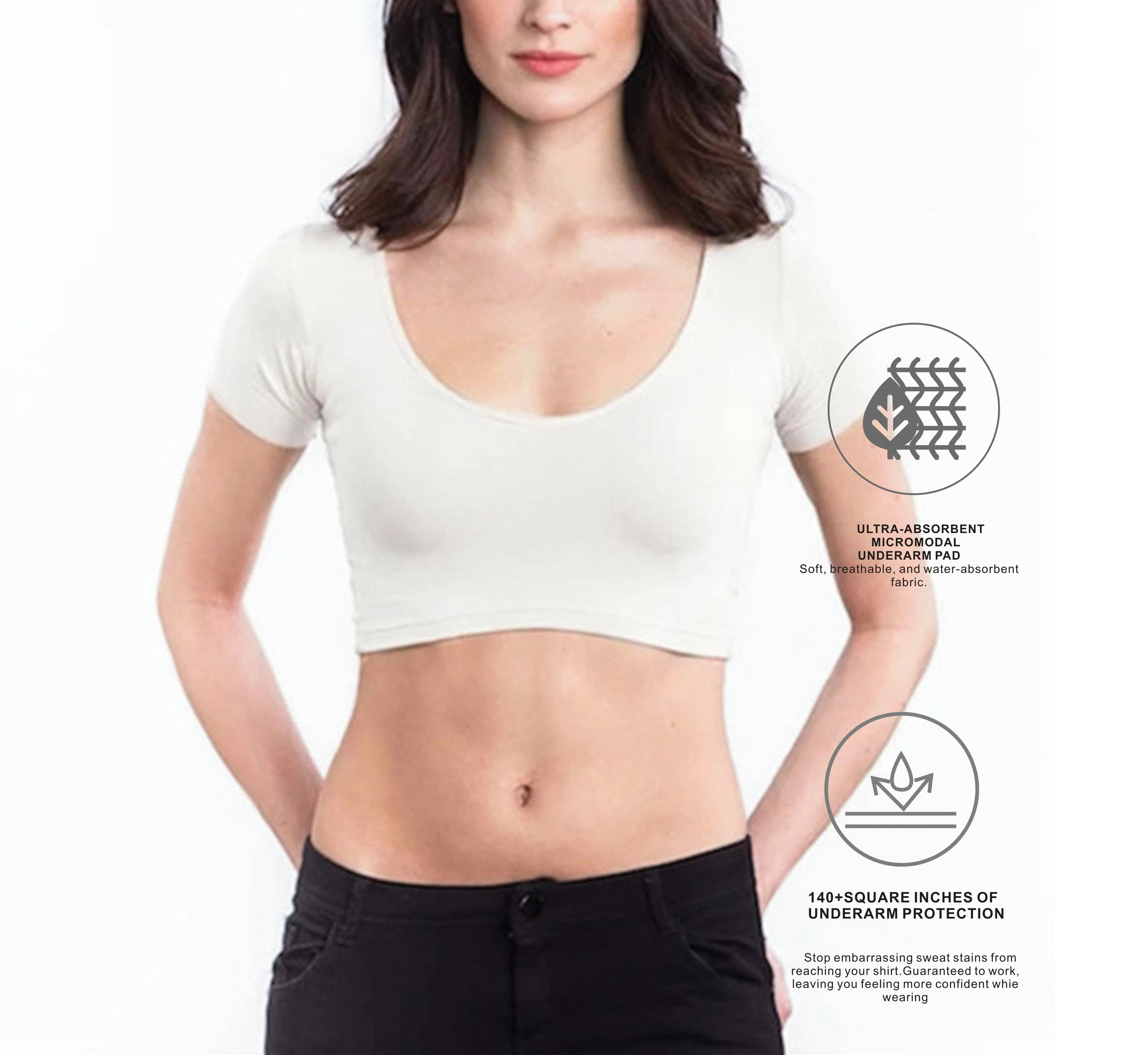 Sweat Proof Padding Sports Gym Round Neck White Anti-sweat Sweatproof Women's Undershirts Crop Top