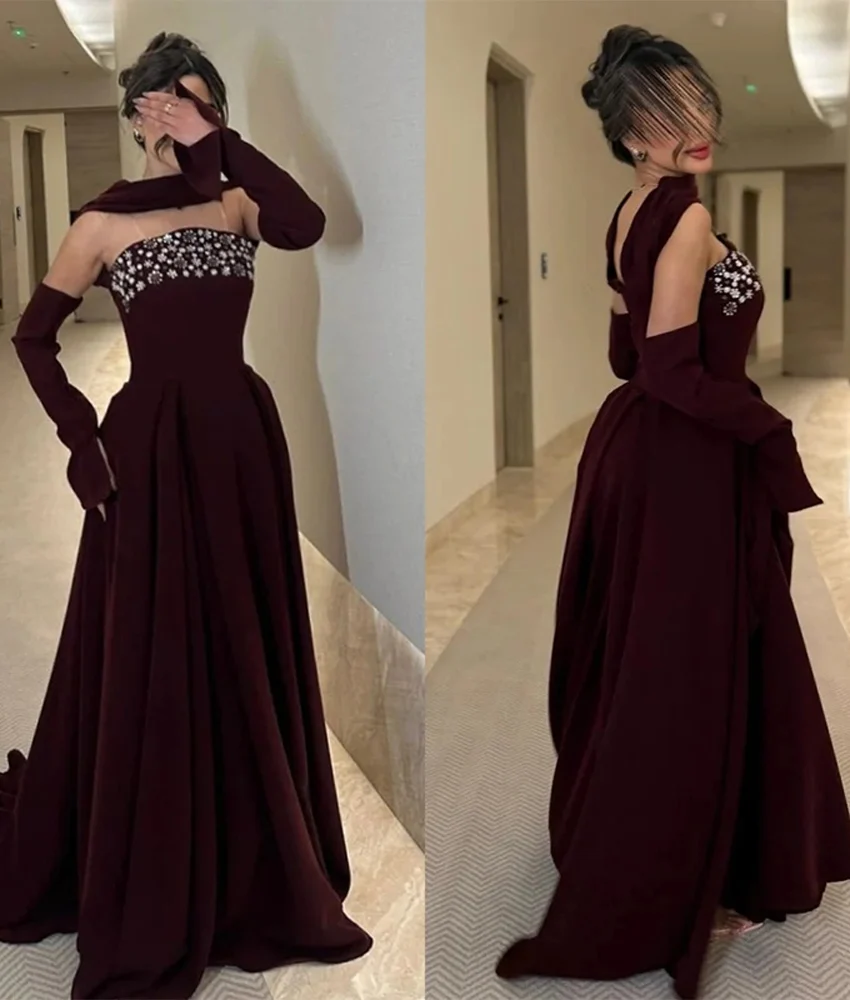 맞춤형 모던 저지 A라인 탈부착 가능한 소매 크리스탈 이브닝 드레스 섬세한 민소매 스트랩리스 플로어 기장 프롬 드레스