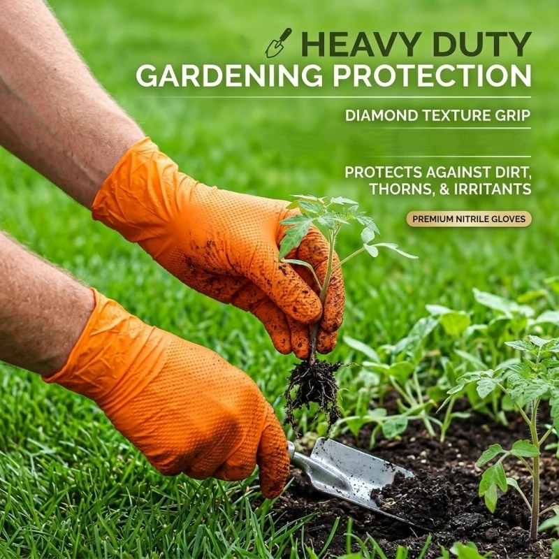 Heavy Duty Orange Nitrile Gloves 8Mil Diamond Textured Grip Gardening Gloves Anti-Slip Industrial Mechanic Auto Safety Work Gloves