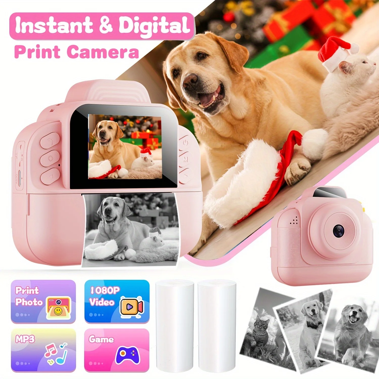1080P HD 비디오, 2인치 디스플레이, USB 듀얼 전원, 간편한 사진 편집 및 게임 기능을 갖춘 즉석 카메라 키트, 생일, 발렌타인데이에 이상적
