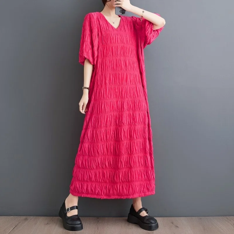 #6595 Pleated Long Dress Half Sleeve Loose Straight Vintage Dress V-neck Ankle-length Ladies Dresses Spring Summer