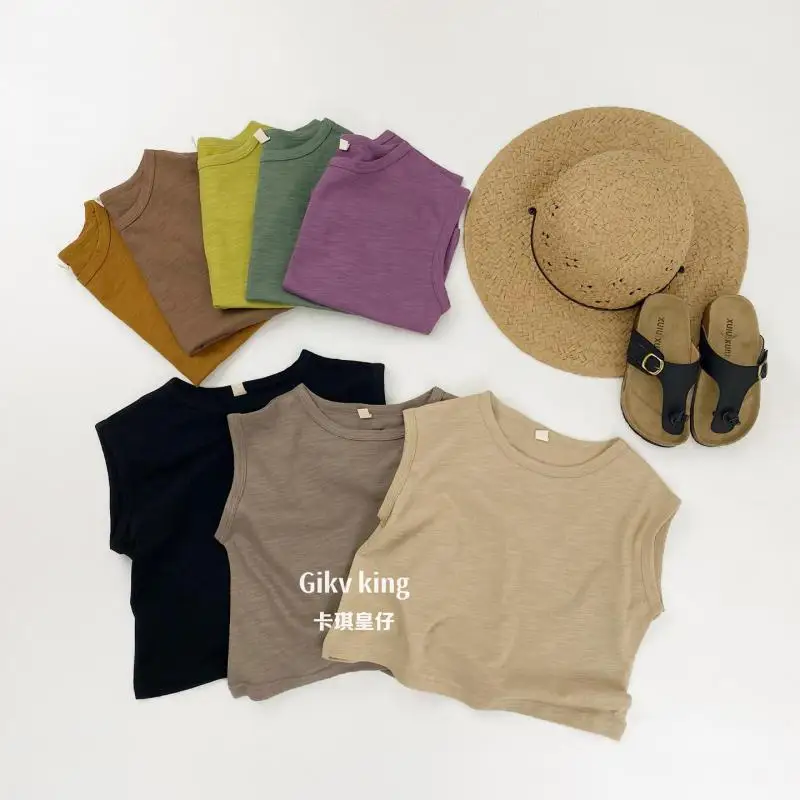 

2026 Summer New Children Sleeveless T Shirts Solid Boys Bamboo Cotton Tee Girls Loose Breathable Vest Thin Tops Kids Clothes