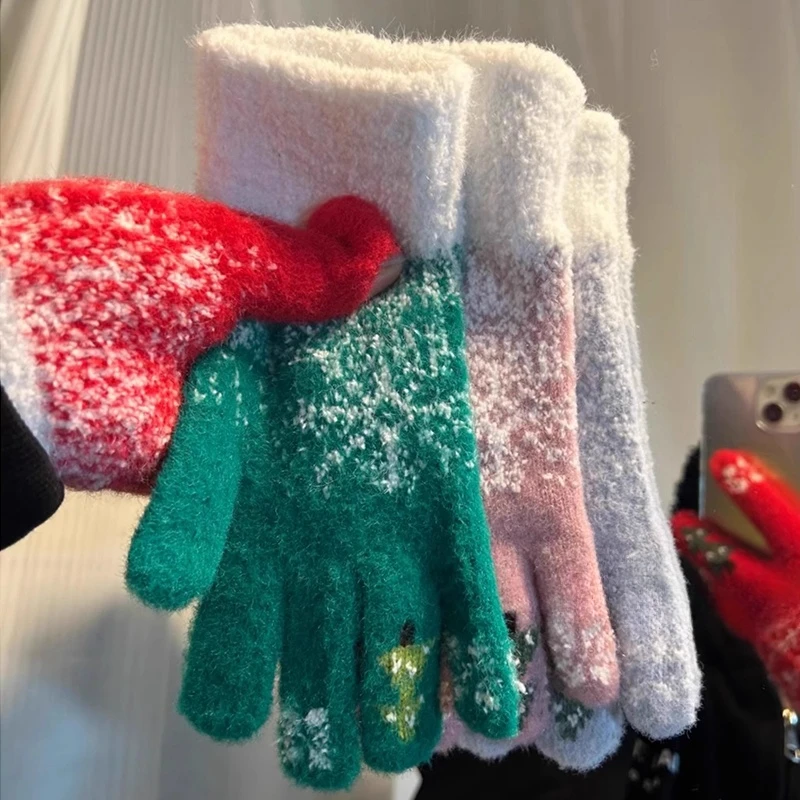 Winter Thick Cashmere Gloves Christmas Tree Knit Warm Mittens Full Finger Skiing Gloves Touchscreen Two Layer Plush Xmas Gloves