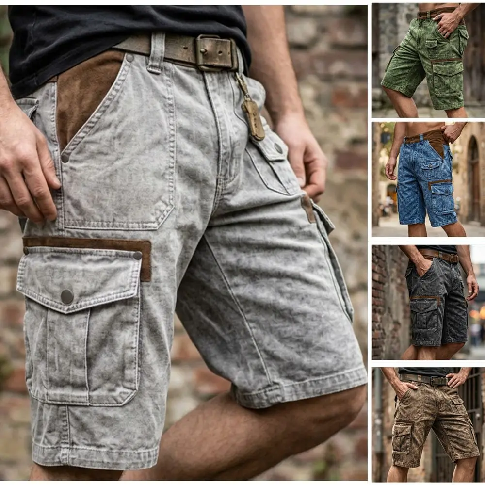 Men's Denim Shorts, Washed Casual Five-point Pants, Multi-pocket.