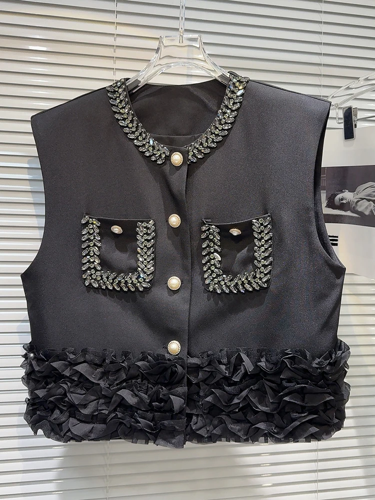 DEAT New Fashion Women's Diamonds Edge Spliced Flower Design Vest 2024 Autumn Trendy O-neck Buttons Waistcoat Female 33A1921