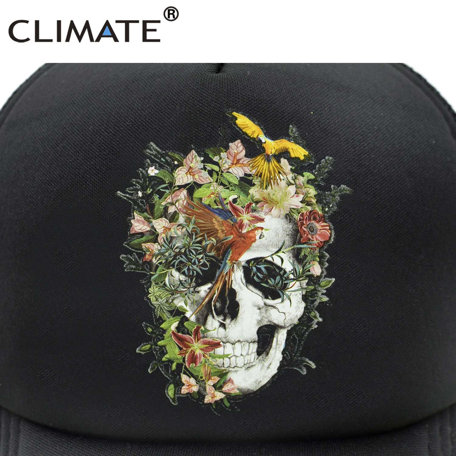 CLIMATE Flower Skeleton Trucker Cap Cool Skull Bone Cap HipHop Baseball Caps Summer Bloodcurdling Black Mesh Cap Hat for Men