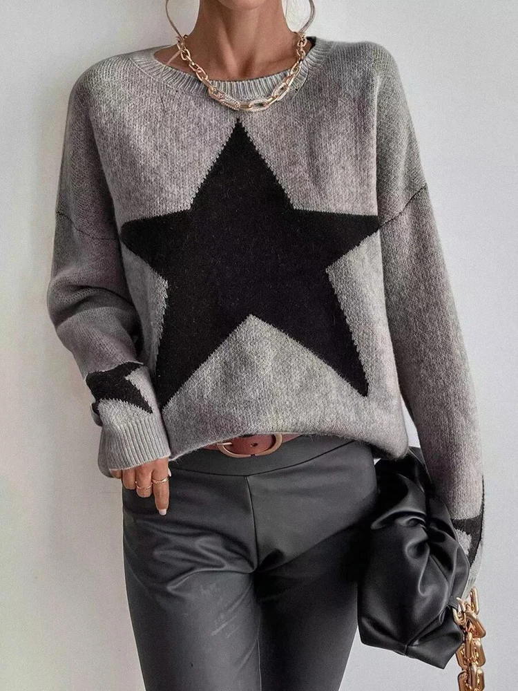 

New Autumn Winter Casual Star Pattern Women Long Sleeve Loose Knitted Sweater, Soft Thick Pullover Jumper Tops, Fashion Knitwear