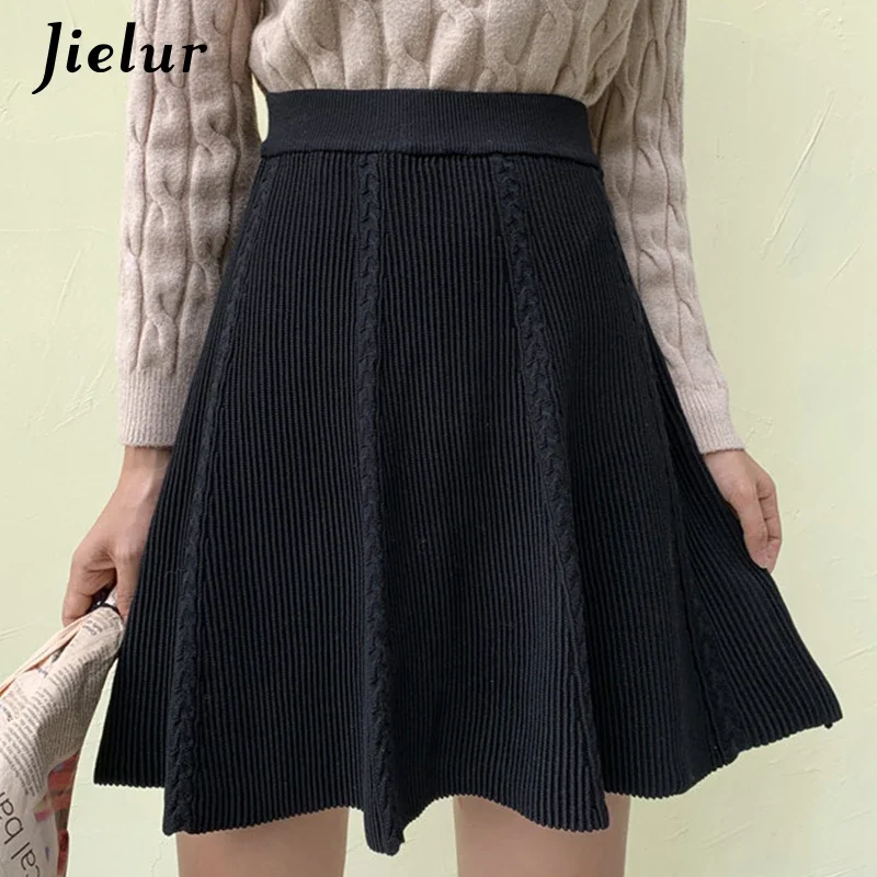 Jielur Skirts Womens Autumn Winter Solid Color Slim Elastic Waist Saia Faldas Women Knitted Skirt Chic New Mini A-line Skirt