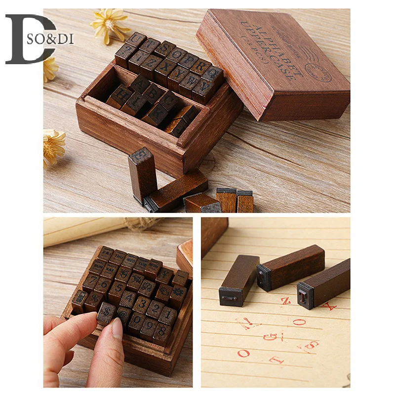 28Pcs A--Z Alphabet Stamps Vintage Wooden Rubber Letter Standard Stamp Set For Craft Card Making Planner Scrapbooking Journals