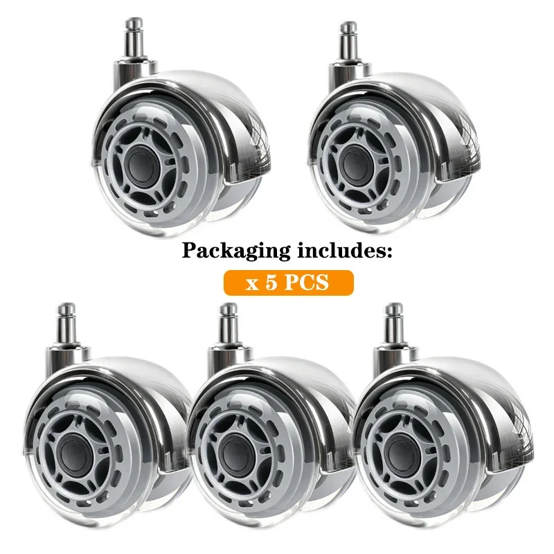 3 Inch Transparent PU Caster Wheels, 5PCS Office/Gaming Chair Casters, Swivel Caster Wheels with Stem,  Quiet & Smooth Rolling