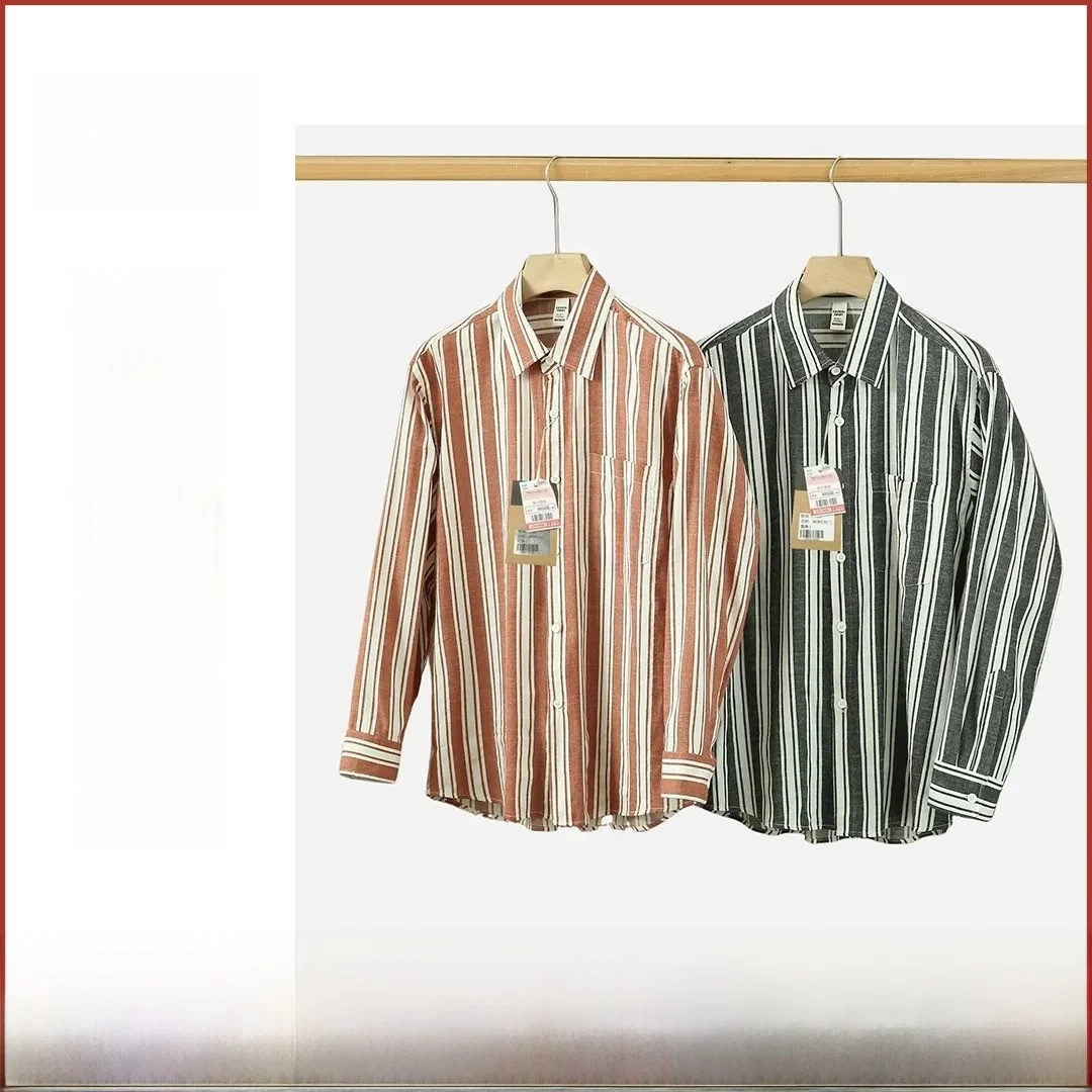

Faionable Autumnal Men's irt with arp Collar Loose Fit Casual Long Sve Color Woven Striped Stand Edition Youth