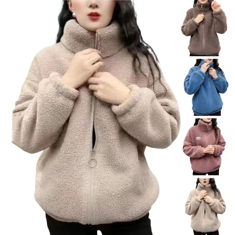 Spring Winter Women Jacket Stand Collar Fleece Zipper Closure Jacket Long Sleeve Solid Color Cardigan Keep Warm Sport Outerwear