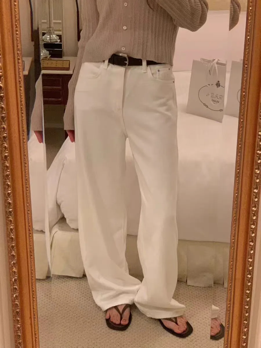 Hoge taille rechte pijpen Casual pure kleur OUNCE Jeans Ele Herfst Winter Dames Loose Fit Comfortabel ademend denim