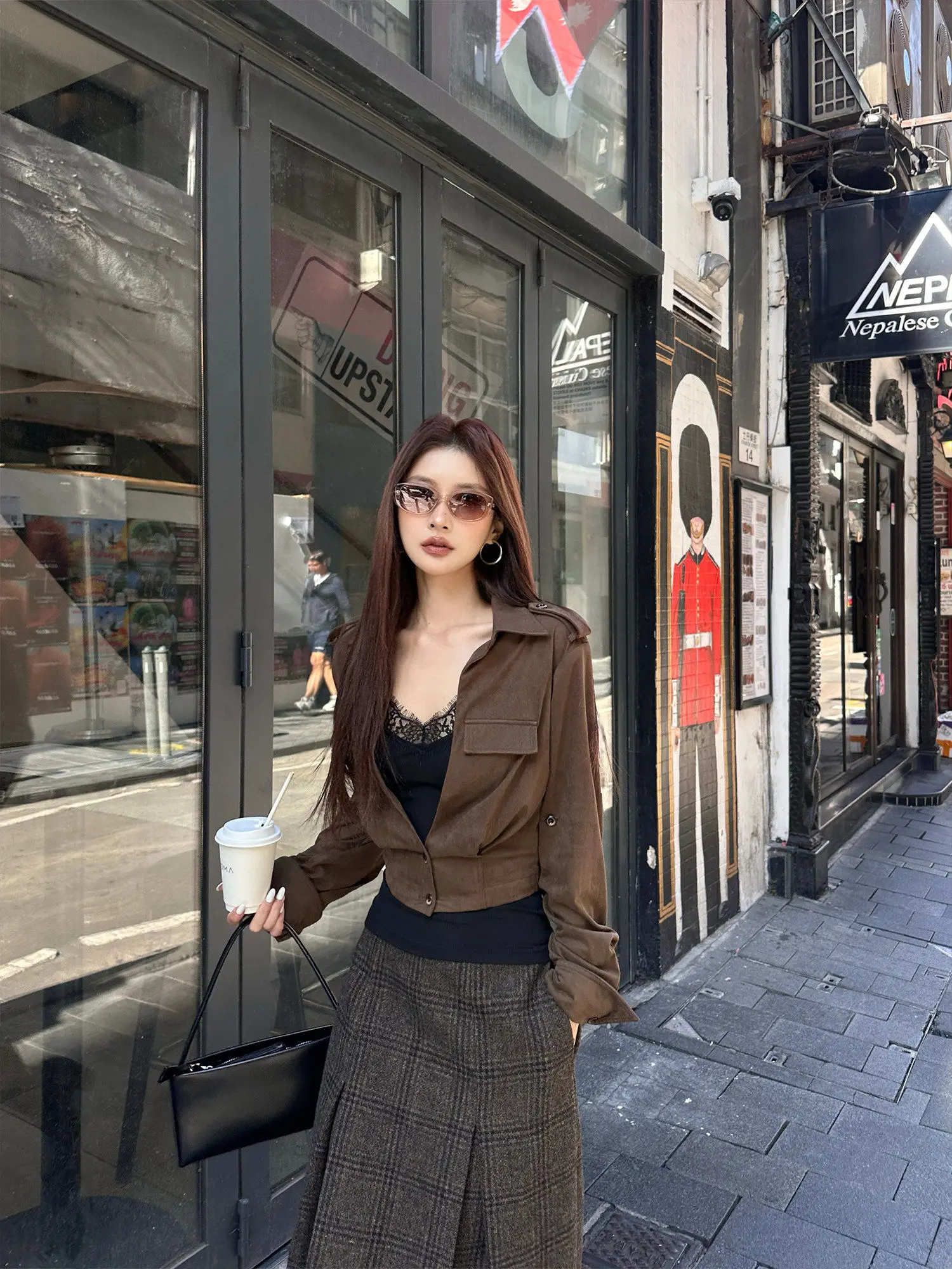 【FANGTING】Women Retro Suede V-Neck Shirt & Lace Cami Two Piece Outfit