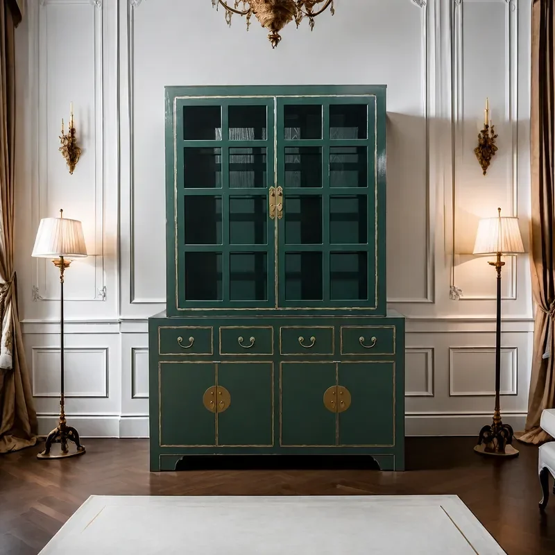 New Chinese Style Solid Wood Bookcase Dark Green Wine Cabinet with Door Glass Display Storage Shelf All Wood Combination