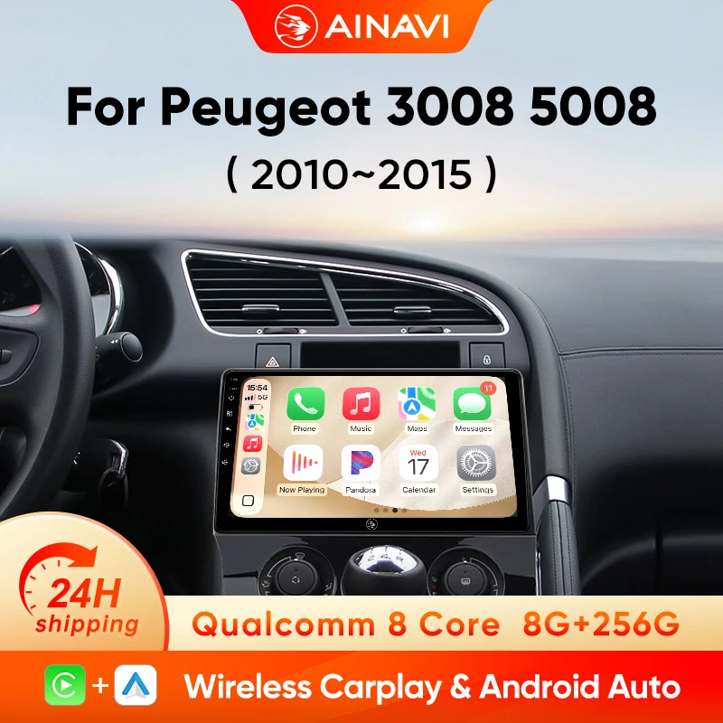 Autoradio AINAVI pour Peugeot 3008, modèles 2009-2015, avec Carplay sans fil, Android Auto, lecteur multimédia pour voiture, système stéréo 2 DIN, 4G.