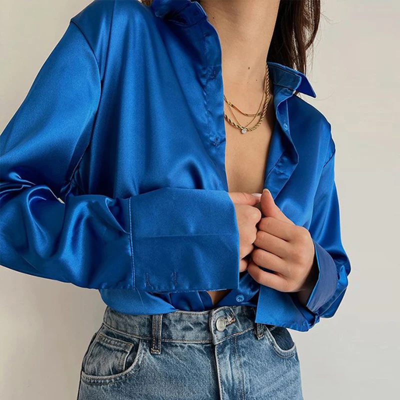 Elegant Satin Shirts Women Fashion Tops 2024 Spring Solid Long Sleeve Blouses Vintage Purple Casual Loose Buttons Clothes 18913