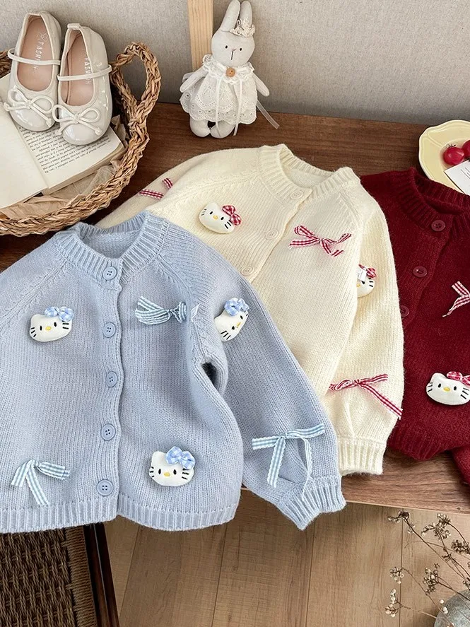 

Вязаный свитер для девочек, кардиган, осень-зима, универсальная верхняя одежда с узлом Faion, милая свободная посадка, длинный све, круглый Ne