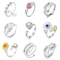 9Pcs Vintage Silver Cross Beaded Ring Rhinestone Crystal Sun Flower Ring for Women Birthday Party Jewelry Gift Set