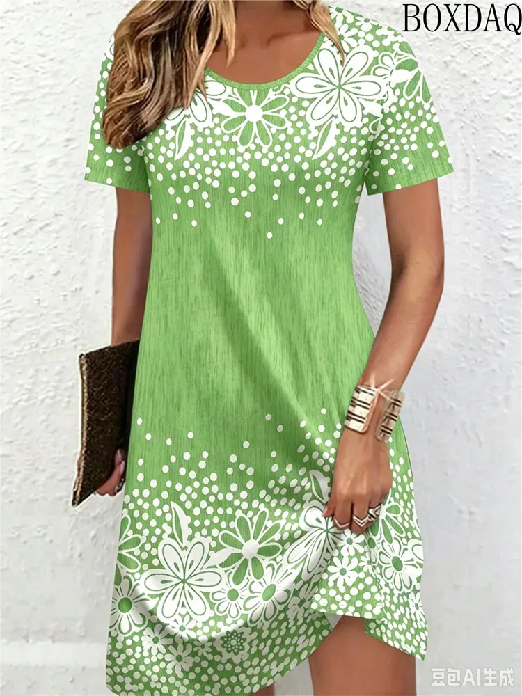 Casual Women's Summer Dresses Fashionable Round Neck Short Sleeved Flower Printed Multi-Color Loose Daily Dress