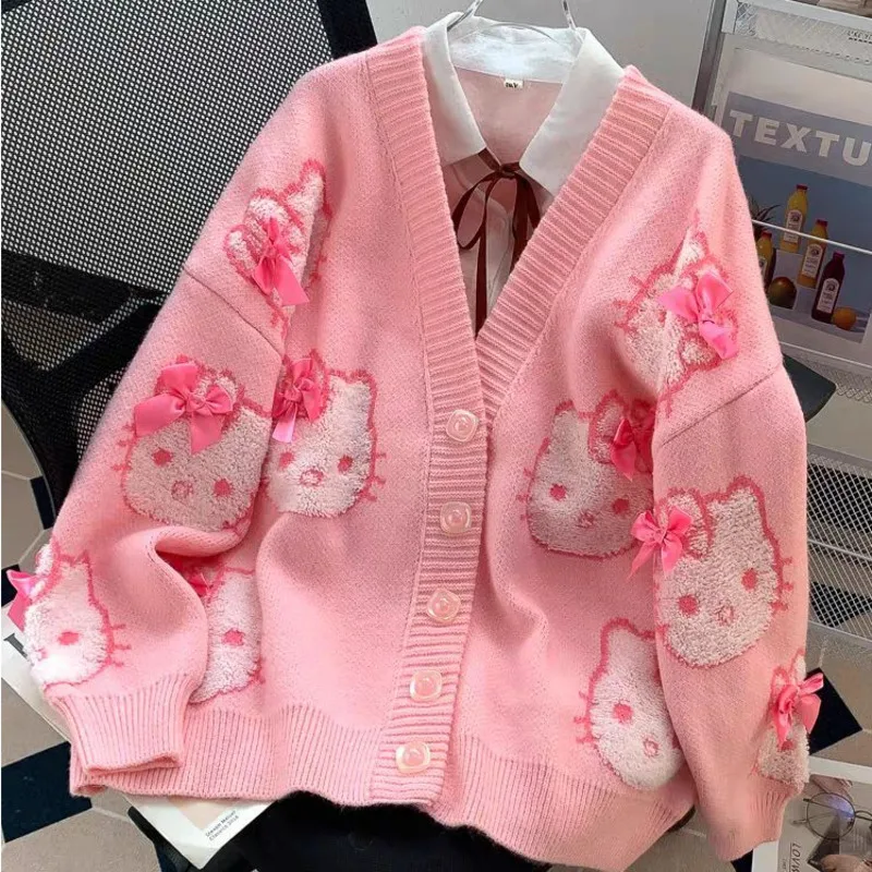 Cute Hello Kitty Embroidered Long Sleeve Cardigan Women\'s Sanrio Knitted Cartoon Loose Top Autumn Warm Button Large Girl Sweater