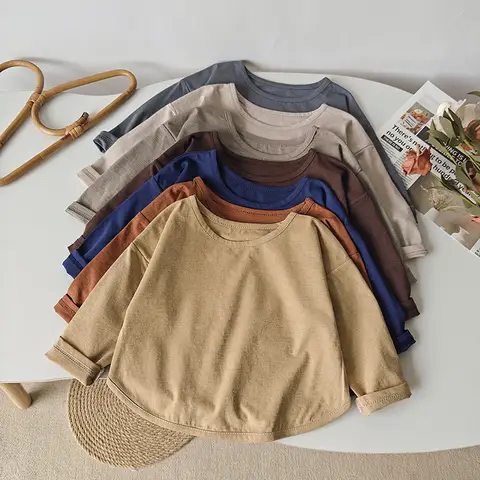 Spring Summer Boys Girls Long Sleeve Tee Korean Style Casual Solid Color Shirt Basic Tops For Children
