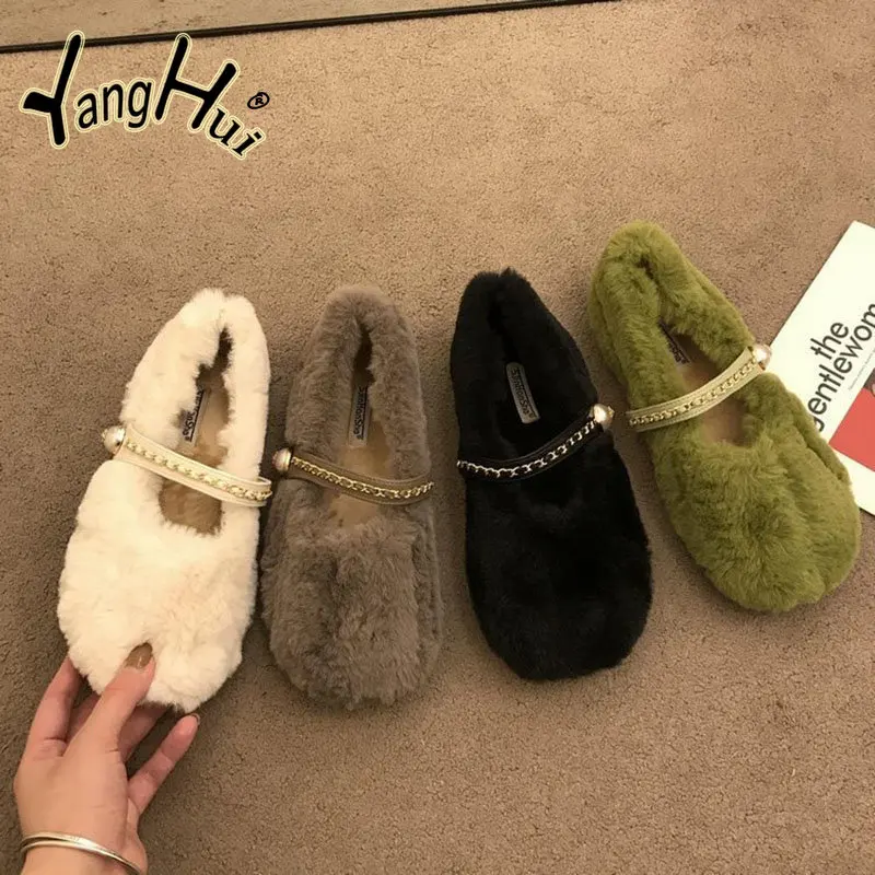 Plush Shoes Keep Warm Soft Cross Fluffy Women\'s Concise Casual Gray Flats Bottom Mary Janes Shoes 2023 New Fashion Winter