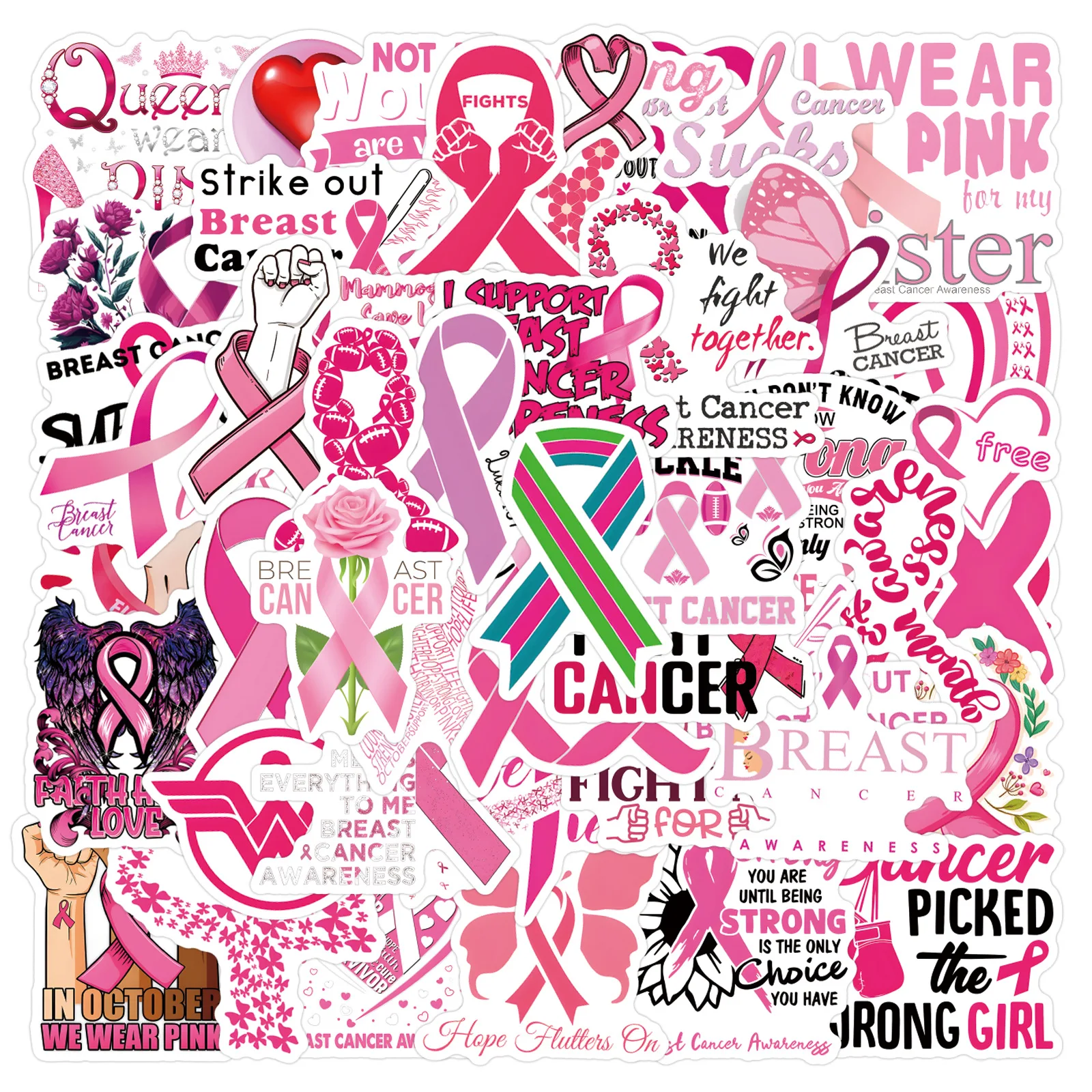 110PCS Pink Ribbon Breast Cancer Awareness Sticker DIY Scrapbook Luggage Laptop Phone Guitar Waterproof Decals view 2