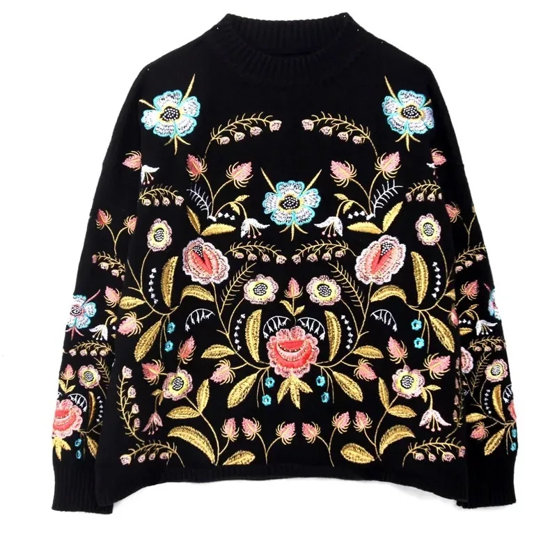 

2024 New Black Floral Embroidery Pullover Sweater Women Boho Long Sleeve O-neck Autumn Winter Jumper Top Loose Knitted Sweaters