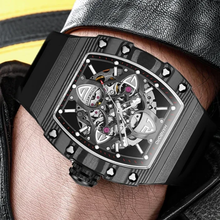 

HANBORO Men Automatic Watch 50M Tonneau Mechanical Wristwatch Luminous Carbon Fiber Bezel Waterproof Rubber Strap Skeleton Dial