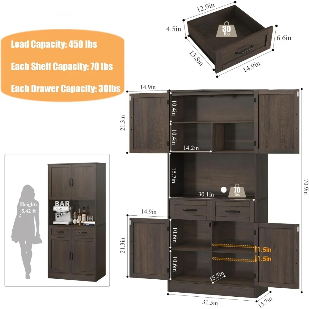 71“ Tall Kitchen Pantry Storage Cabinet, Modern Kitchen Hutch Bar Cabinet with Microwave Stand, Dark Brown, Kitchen Cabinets