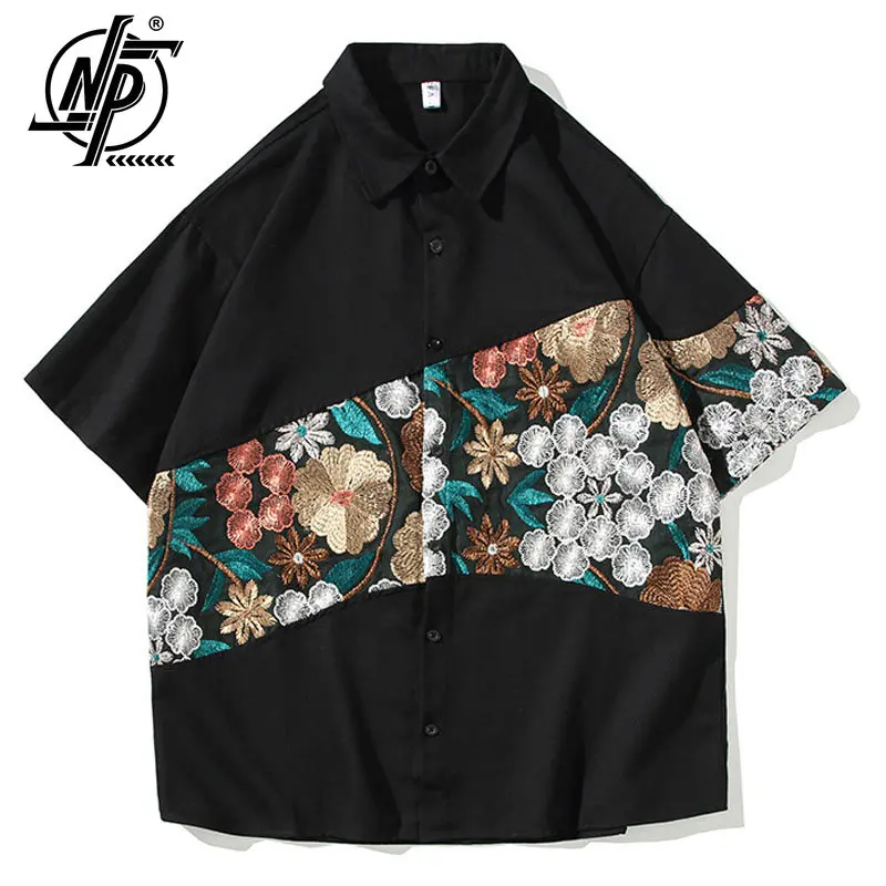 

Summer Vintage Embroidered Flower Shirt Cotton Men Casual Japanese Streetwear Loose Hawaiian Clothes Short Sleeve 5XL Black 2023