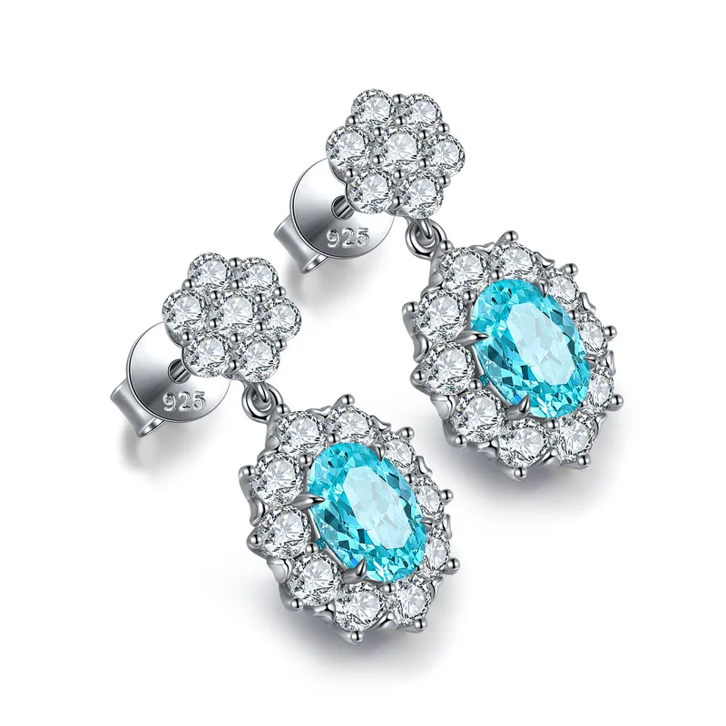 Oval Cut Lab Grown Paraiba YAG Neon Blue Center And Side White Lab Gemstones Silver Earring For Women Jewelrys
