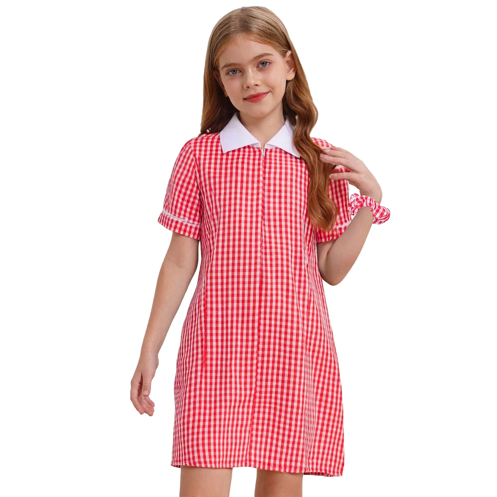 

Kids Girls Plaid Shirt Dress Casual Turn-down Collar Front Zipper Short Sleeve Pleated Hem A-line Dress+Hairband School Uniform