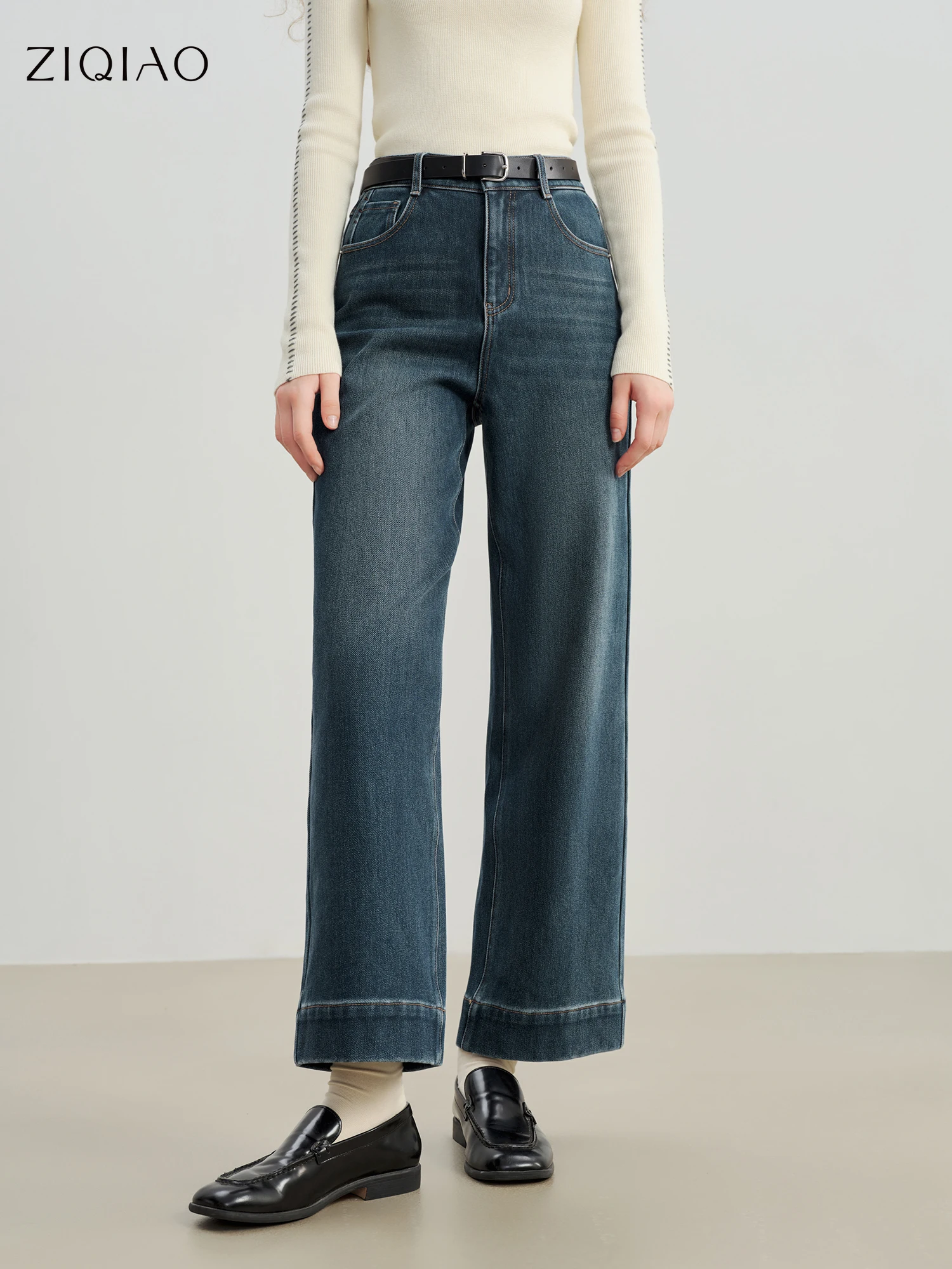 

ZIQIAO 2025 Winter New Arrival Vintage Blue Fleece-Lined Denim Jeans for Petite Slimming Straight Leg Ankle-Length Women Jeans