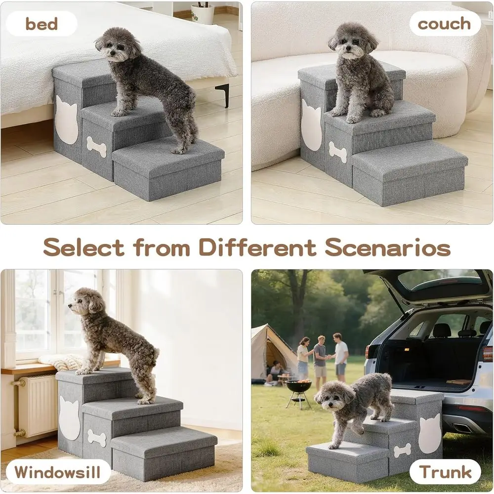 3-Step Wider Dog Steps or Bed 17 H, Foldable Dog Stairs with Storage, Non-Slip Pet Steps for Small Medium Large Dogs, Arthritis-