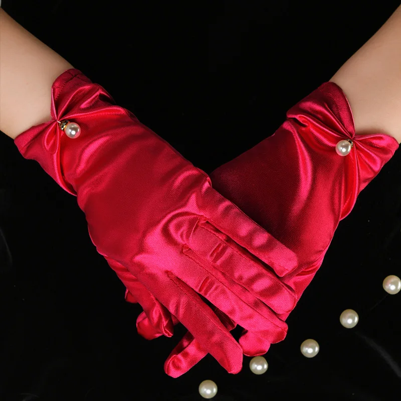 Weiße Satin-Handschuhe für Hochzeitskleider, kurze, elegante Blütenblatt-Perlen-Schleifen-Netz-Handschuhe, vielseitiges Fotozubehör, Perlen-Retro – Detail 12
