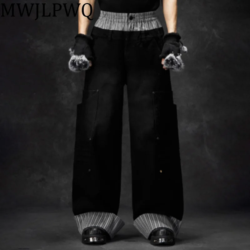 

MWJLPWQ Double Waist Head Striped Niche Design Jeans Men's High Street Spliced Washed Distress Loose Straight Leg Trouser 010583