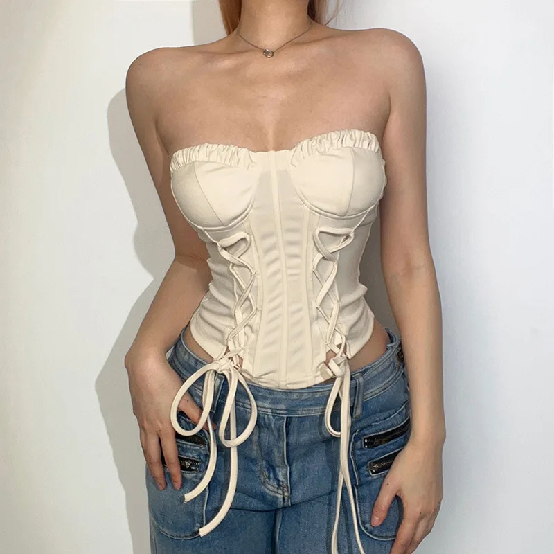 Harajuku Kawaii Vintage Cami Vest Hot Girl Crop Top White Lace Frill Zipper High Waist Bandage Slim Fit Corset Y2K Top Women